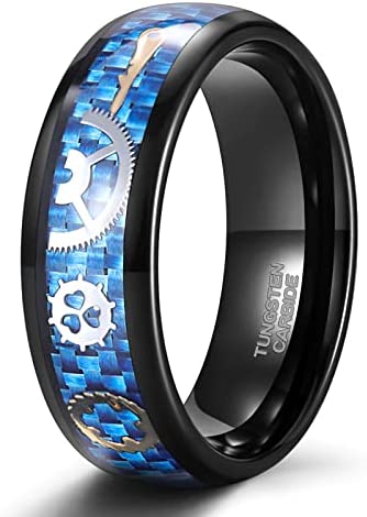 TRUMIUM 8mm Tungsten Rings for Men Women Wedding Bands Blue Carbon Fiber Steampunk Gear Inlay Ring Comfort Fit Size 6-13