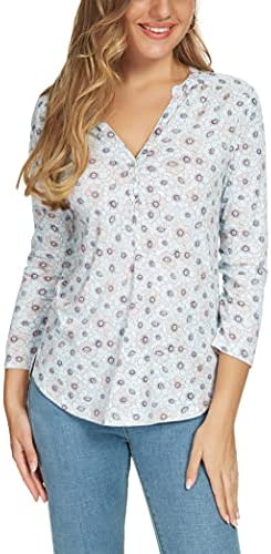 Women's 3/4 Sleeve Floral Print Shirts V Neck Button Up Blouse Tops