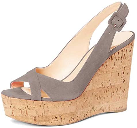 FSJ Women Summer Platform Wedge High Heeled Sandals Peep Toe Slingback Dress Faux Suede Pump Size 4-15 US