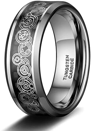 TRUMIUM 8mm Tungsten Rings for Men Women Wedding Bands Blue Carbon Fiber Steampunk Gear Inlay Ring Comfort Fit Size 6-13