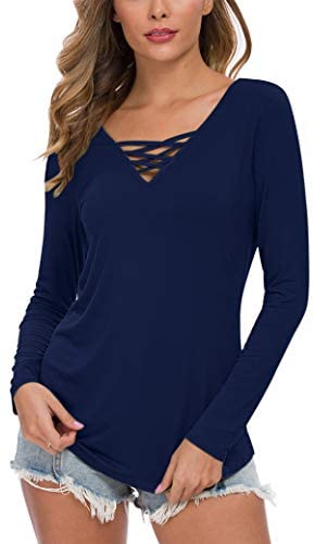 WNEEDU Women's Casual Long Sleeve T-Shirt Criss Cross V-Neck Basic Tees Tops