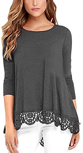 Women's O Neck Long Short Sleeve Solid Blouses Lace Trim A Line Shirts