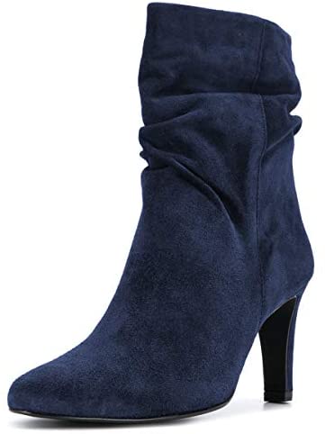 FSJ Women Fashion Closed Toe Mid Calf Boots Mid Thick Heels Stretchy Slouch Booties Shoes Size 4-15 US