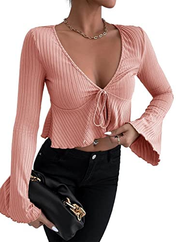 Womens Deep V Neck Crop Tee Ribbed Long Bell Sleeve Drawstring Casual Tie Front Blouse Solid Color Ruffle Hem Pullover Tops
