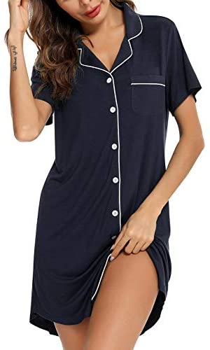 Pajama Nightgown for Women Short/Long Sleeve Button Down Nightwear Top Boyfriend Sleep Shirts Nightdress S-XXL