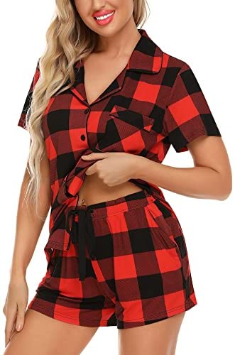 Womens Pajamas Set Short Sleeve Sleepwear Button Down Nightwear Shorts Soft Pj Sets S-XXL