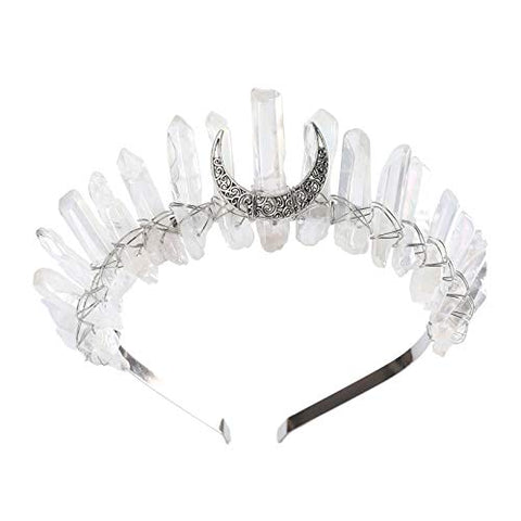 AWAYTR Raw Crystal Quartz Crown – Rhinestone Tiara Mermaid Headband for Woman Weeding and Partie(white)