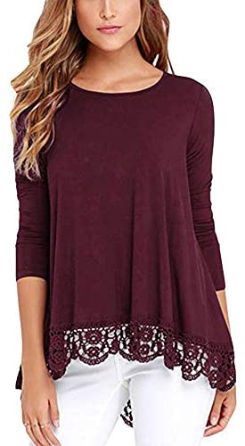 Women's O Neck Long Short Sleeve Solid Blouses Lace Trim A Line Shirts