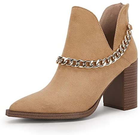Womens V Cut Out Ankle Boots Chunky Block Back Zipper Booties Pointed Toe Comfortable Shoes with Metal Chain