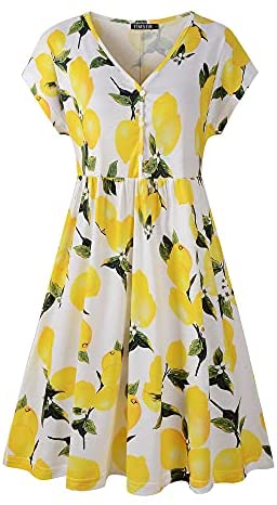 TIMSEM Women's Short Sleeve Dresses V Neck Half Button Summer Floral Smock Dress