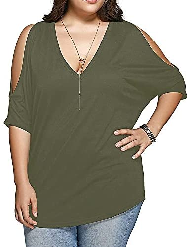 Women Plus Size Tops V Neck Short Sleeve Batwing Top Cold Shoulder T Shirt