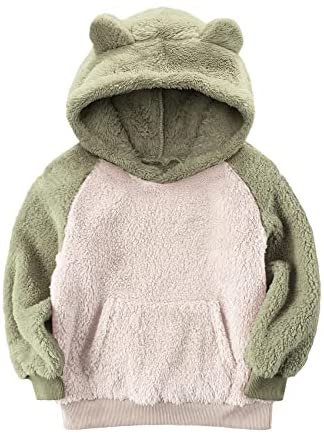 Baby Kids Girls Boys Fluffy Hoodies Sherpa Fleece Sweatshirts Winter Coats Cute Ear Pullovers with Kangaroo Pocket