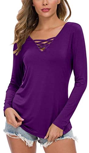 WNEEDU Women's Casual Long Sleeve T-Shirt Criss Cross V-Neck Basic Tees Tops