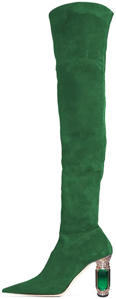 FSJ Women Winter Over The Knee Boots Crystal Chunky High Heels Stretch Thigh High Fashion Zipper Long Boots Faux Suede Comfort Warm Shoes Size 4-15 US