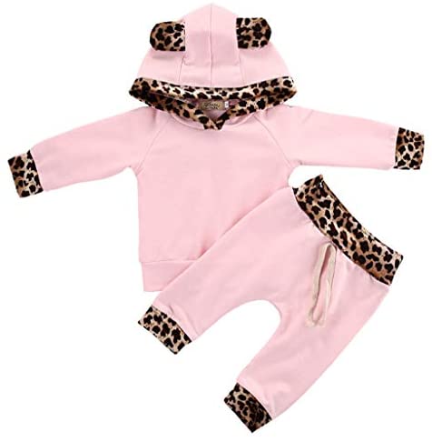 Baby Girls Newborn Clothing Sets Flowers Pink Leopard Long Sleeve Hoodie Tops Pants Outfit