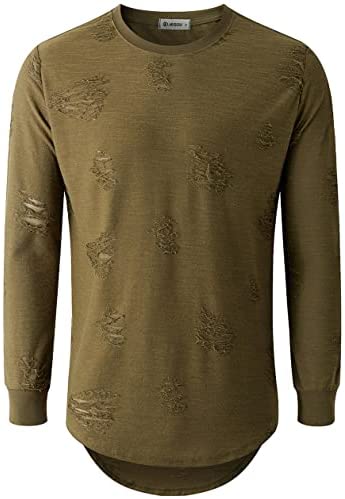 KLIEGOU Mens Hipster Hip Hop Ripped Round Hemline Hole T Shirt(1705)