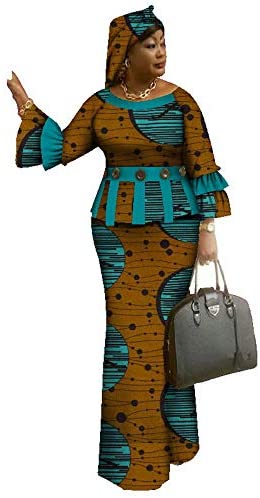 Dresses for Women Autumn 2 Pieces Maxi with Headwrap African Dashiki Print Crop Top Skirt Set