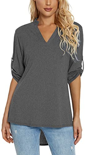 Women's 3/4 Roll Sleeve Tunic Shirts Floral Printed Hi-Low Hem V Neck Blouse Shirts