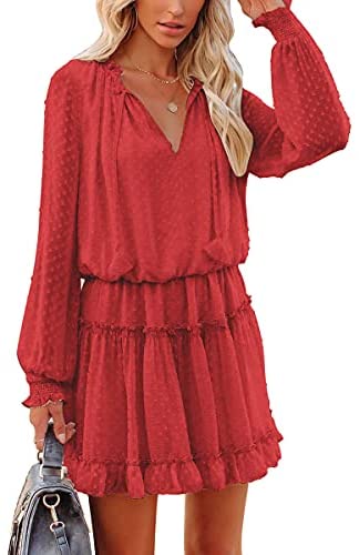 Womens Flowy Mini Swing Dress Casual Loose Long Sleeve V Neck Ruffle Tiered Swiss Dot Chiffon Short Dress