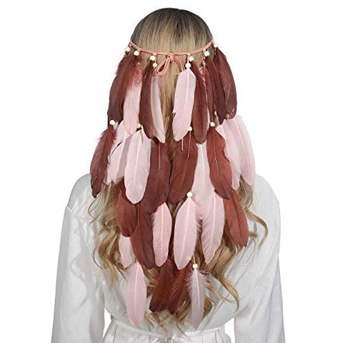 Bohemian Feather Headband Boho Headdress - Hippie Indian Feather Hairband Festival Hair Band Carnival Headwear for Women Native American Headpiece (Purple+Speckled feather)