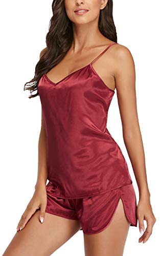 Womens Pajamas, Cool Satin Cami Shorts Set Lightweight Nightwear Silk Pajamas for Women