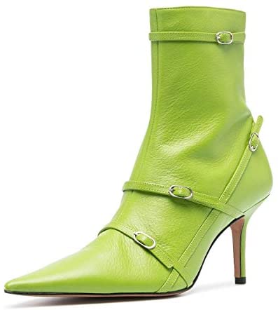 FSJ Women Pointed Toe Ankle Boots with Cross Buckle Straps Decoration Fashion Elegant Mid Low Heel Booties Ankle Wrap Zip Up Evening Party Dress Shoes Size 4-15 US