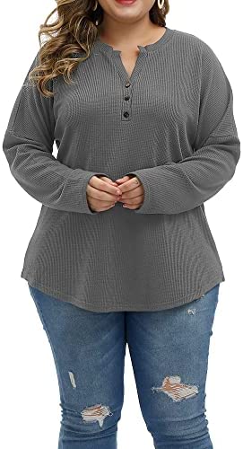Women Plus Size Tops Lightweight Fall Long Sleeve Knit Sweatshirts Warm Cozy Casual Henley Shirts