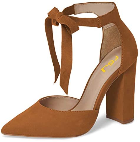 FSJ Women Faux Suede Chunky Block Heel Pump D'Orsay Pointed Toe Ankle Strap Lace Up Sandals Size 4-15 US