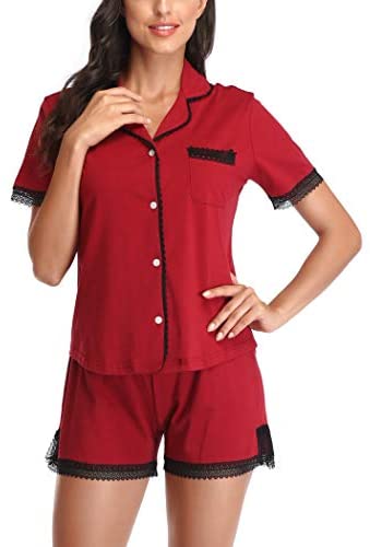 Women Pajamas Set Short Sleeve Pj Lounge Sets Soft Lace Pj Sets Button Down Sleepwear V Neck 2 Piece Plus Size XS-XXXL