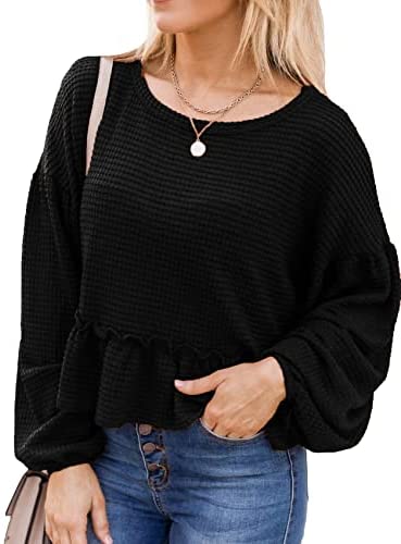 Womens Long Sleeve Blouse Fall Tops Ruffle Hem Balloon Sleeves Casual Loose Plain Blouses for Women