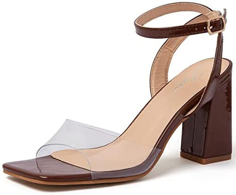 Putu Women's Clear Square Open Toe Heeled Sandals Ankle Strap Chunky Block High Heels Buckle Strappy Dressy Heeled Sandals