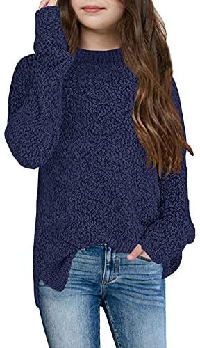 GAMISOTE Girl's Fuzzy Warm Sweater Crew Neck Chunky Side Slit Jumper Pullover Outwear