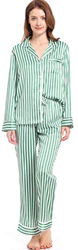 Women's Satin Pajama Set Long Sleeve Button Sleepwear 2-Piece Pj Lounge Set