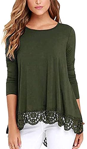 Women's O Neck Long Short Sleeve Solid Blouses Lace Trim A Line Shirts