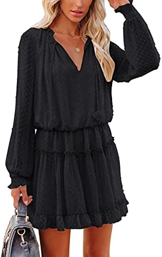 Womens Flowy Mini Swing Dress Casual Loose Long Sleeve V Neck Ruffle Tiered Swiss Dot Chiffon Short Dress