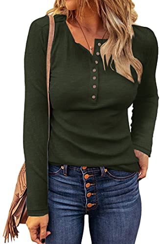 WNEEDU Women's Waffle Knit Tops Casual Long Sleeve Blouses Slim Fit Button Down V Neck Henley Shirts