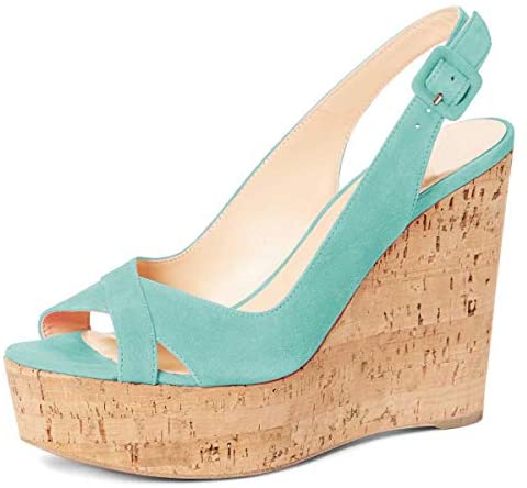 FSJ Women Summer Platform Wedge High Heeled Sandals Peep Toe Slingback Dress Faux Suede Pump Size 4-15 US