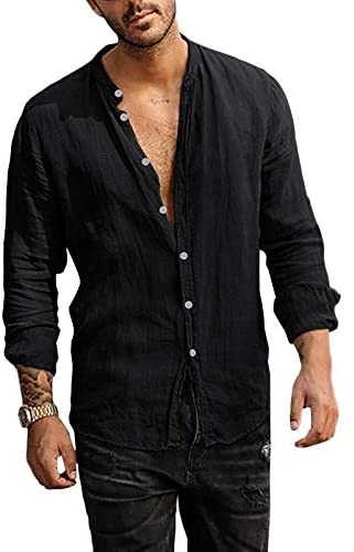 Men's Linen Button Down Shirt Long Sleeve Casual Loose Hippie Beach Yoga T-Shirts Tops
