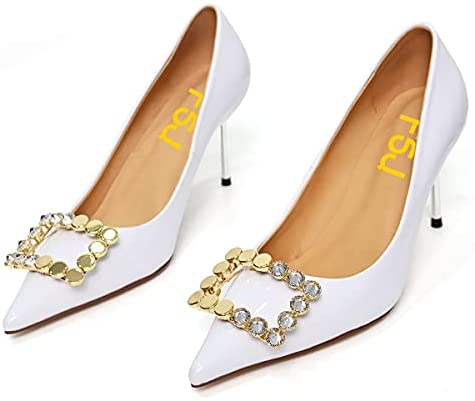 FSJ Women Fashion Pointed Toe Studded Classic Stiletto High Heel Dress Slip on Pumps Cute Buckle Wedding Party Shoes with Rhinestone Size 4-15 US