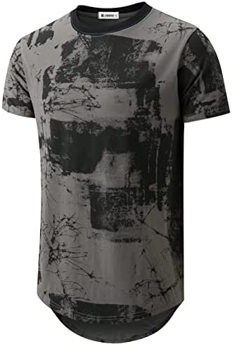 KLIEGOU Mens Hipster Hip Hop Ripped Round Hemline Pattern Print T Shirt