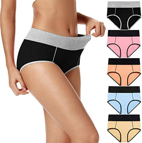 POKARLA Women's High Waisted Cotton Underwear Soft Breathable Panties Stretch Briefs Regular & Plus Size 5-Pack