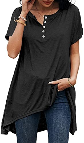 Dyexces Womens V Neck Tops Short Sleeve Shirts Casual Loose Button Collar Irregular Hem Tshirt