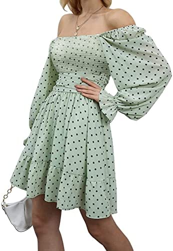 Women Elastic Smocked Bust Tie Back Long Puff Sleeve Square Neck Ruffle Dress A-line Casual Mini Dress