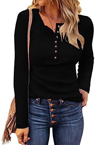 WNEEDU Women's Waffle Knit Tops Casual Long Sleeve Blouses Slim Fit Button Down V Neck Henley Shirts