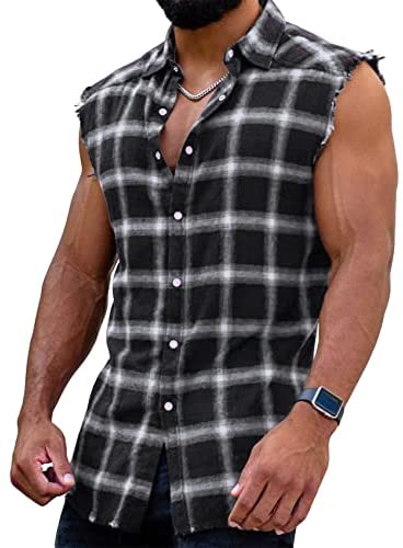 Yasiter Men's Raw Hem Sleeveless Shirts Cotton Full Button Down Nomal Lapel Collar Plaid Shirt Tank Tops
