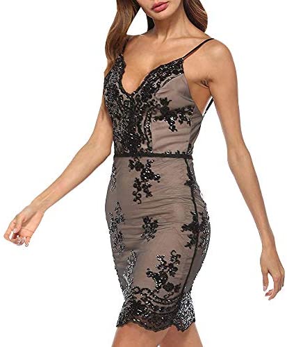 Women’s Sexy Backless Sparkling Dress Sequins Floral Deep V Neck Clubwear Party Bodycon Mini Short Dress