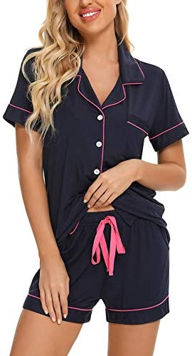 Womens Pajamas Set Short Sleeve Sleepwear Button Down Nightwear Shorts Soft Pj Sets S-XXL