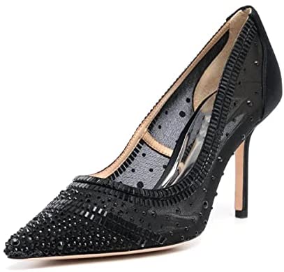 FSJ Women Wedding Rhinestones Mesh Satin High Heel Pumps Pointy Toe Stiletto Slip On Comfort Lace Sequins Bridal Dress Evening Shoes Size 4-15 US
