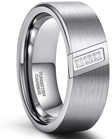8mm Mens Wedding bands Cubic Zirconia Tungsten Rings Three Stone Diagonal Diamonds Silver/ Black Blue Size 7-13