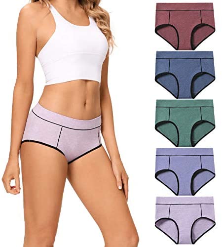 POKARLA Women's Cotton Stretch Underwear Ladies Mid-high Waisted Briefs Panties 5-Pack